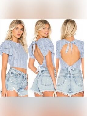 Free People Movement Puff Sleeve Front Top XL Baby Blue Boho  Cottagecore Y2K